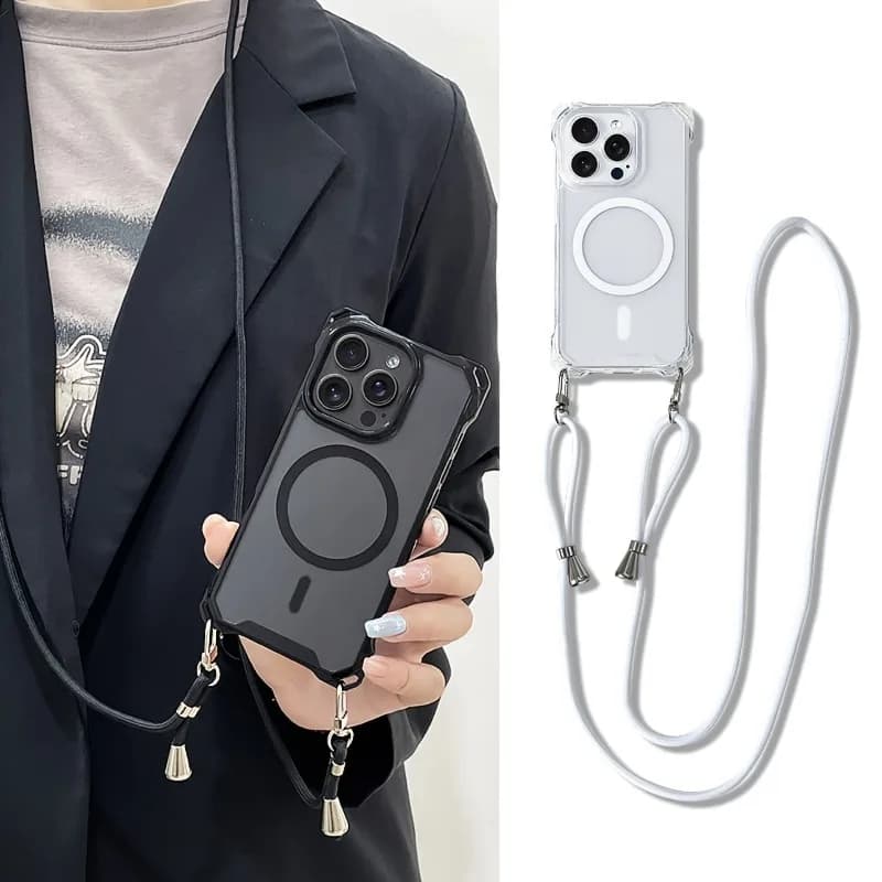 Custodia Magnetica Wireless MagSafe Trasparente con Cordino a Tracolla per iPhone 17 Air 16 11 12 14 13 15 Pro Max