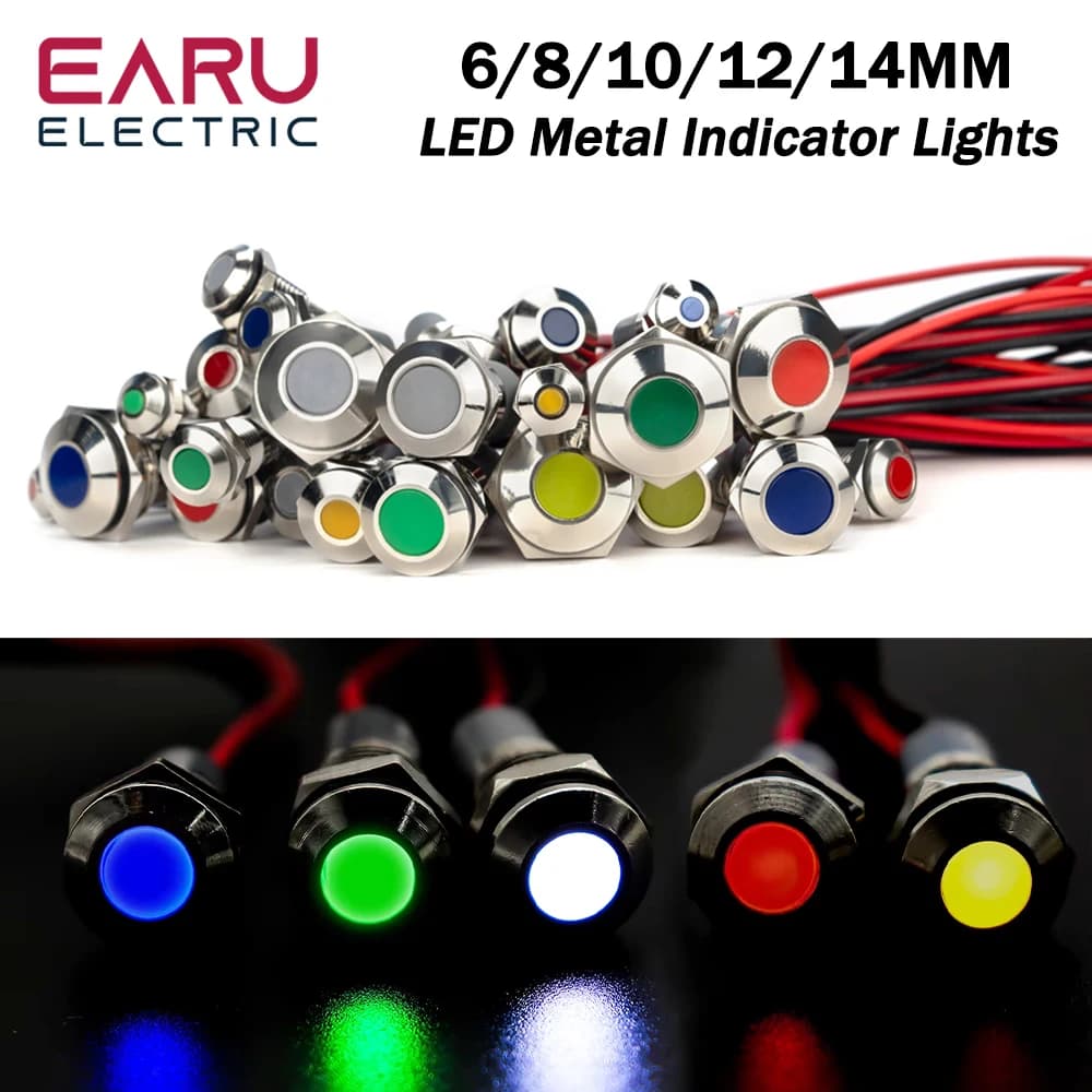 6mm 8mm 10mm 12mm 14mm Avvertimento LED Indicatore luminoso in metallo Cavi pilota Interruttore Impermeabile IP65 Lampada di segnalazione 5/12/24/220V Rosso Verde