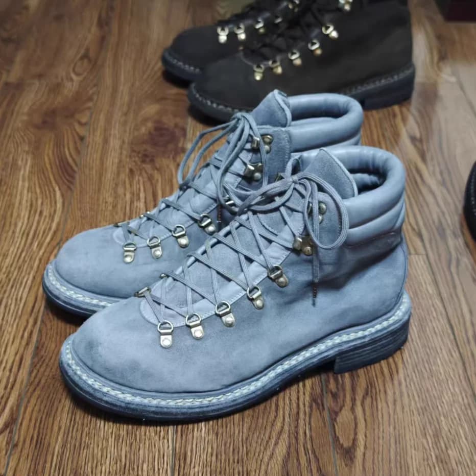 Grey Metal Nail Buckle Lace Up Men's Boots High-Top Hiking Boots Round Toe Leather Shoes Luxury Designer Handmade Men's Boots