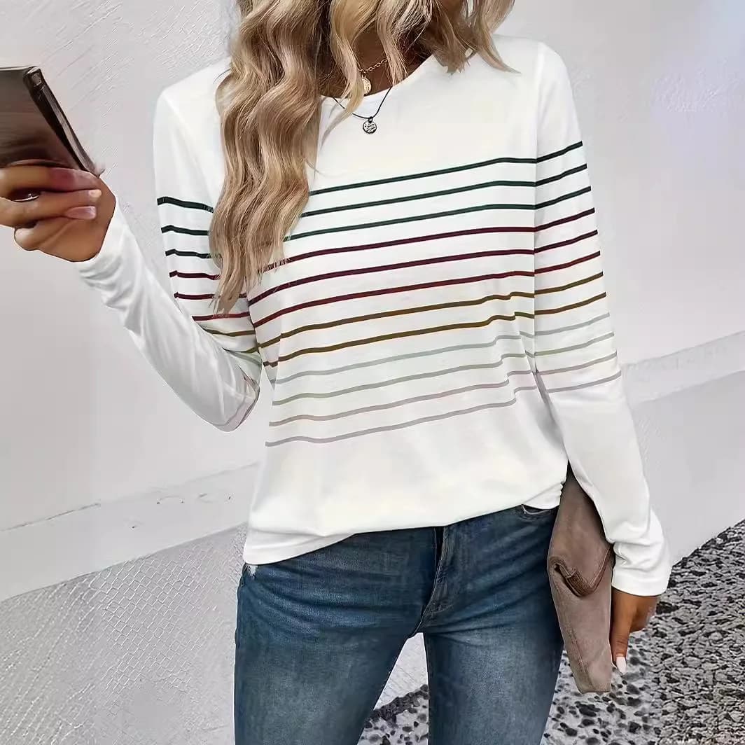 Women's Striped Shoulder Long Sleeve T-shirt Casual Thin 2025 Autumn Season Other Material 100% Vest Tops