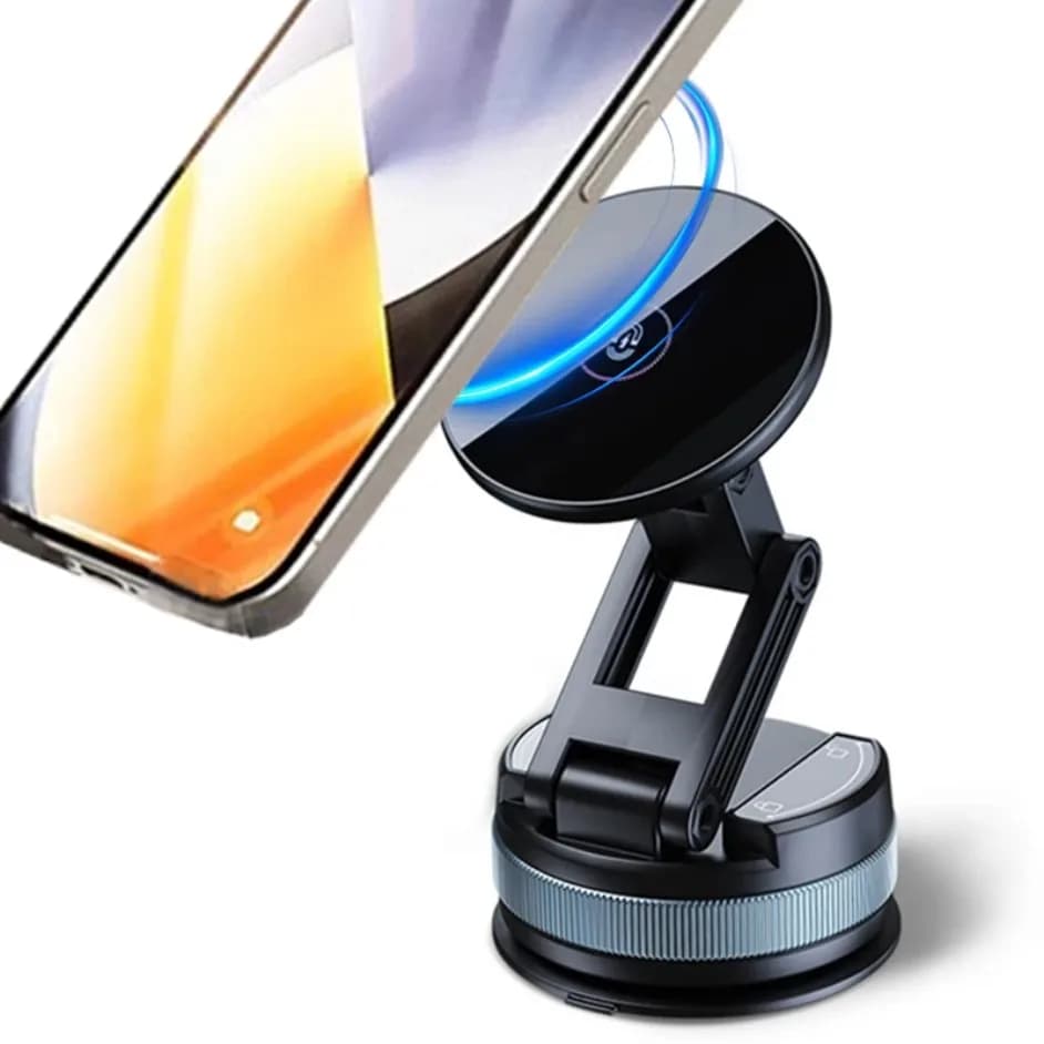 Universal magnetic stand for car windscreen, telephone support, vacuum suction, folding, extendable, for all magnetic smartphones