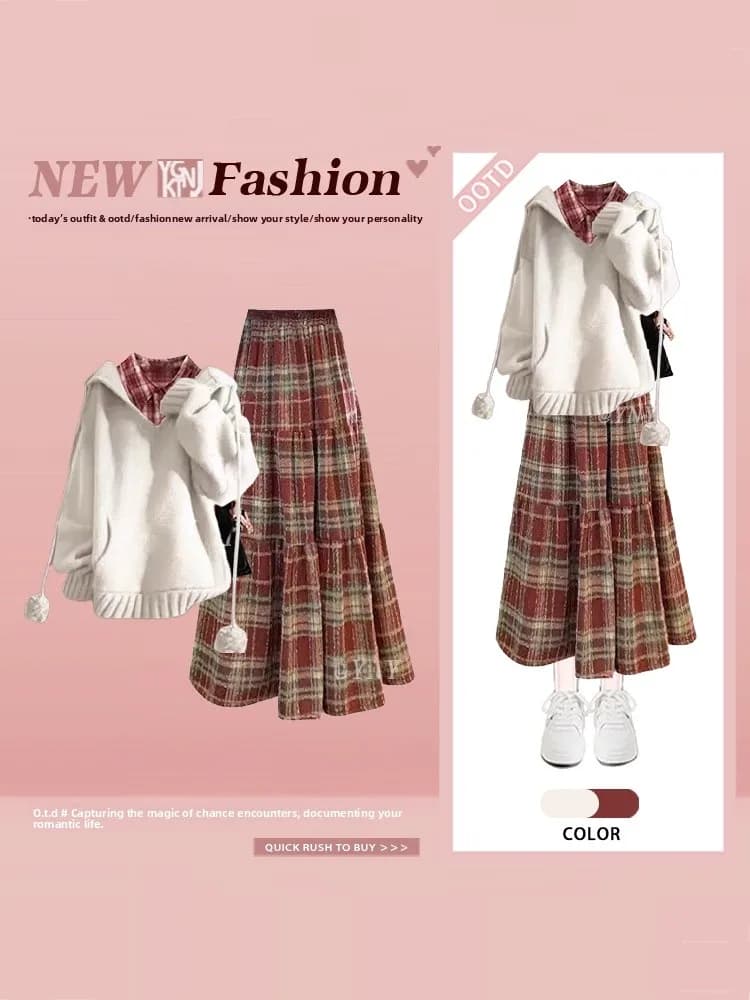 Pure Desire New Gentle Knitted Hoodie Plaid Shirt Vintage Winter Red Skirt Three Piece Set Women's Fashion Ensemble