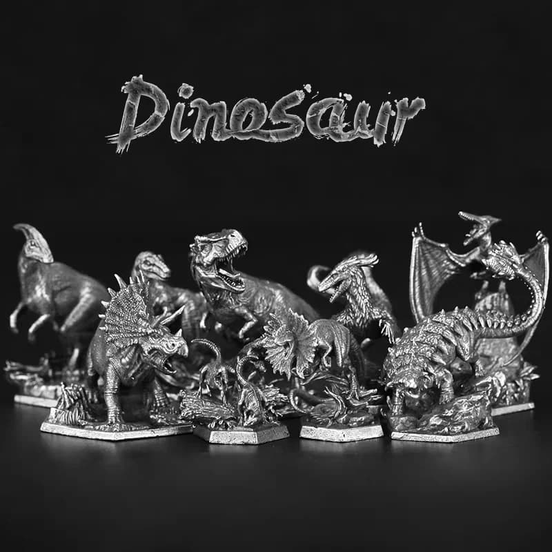 Nuovi modelli di figurine di dinosauri in metallo - T-Rex Dilophosaurus Eoraptor Troodon | Ornamento da Scrivania, Decorazione per Interni Auto, Ornamento a Forma di Scacchiera