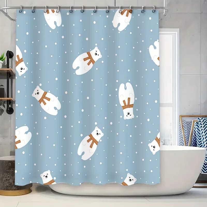 Tenda da doccia con stampa di orsi, decorazione impermeabile per il bagno, serie invernale, sfondo blu con motivo di orsi polari e sciarpe (blu)