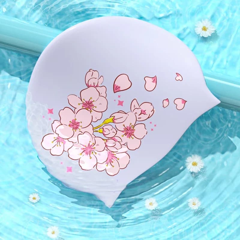 Silicone swim cap with fresh floral print for women Swimming head with fashionable long hair ear protection Pool accessories