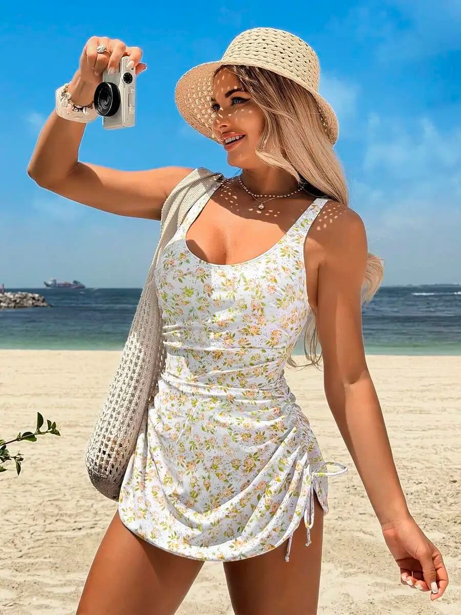 Abito da spiaggia floreale arricciato da donna, vestito estivo casual