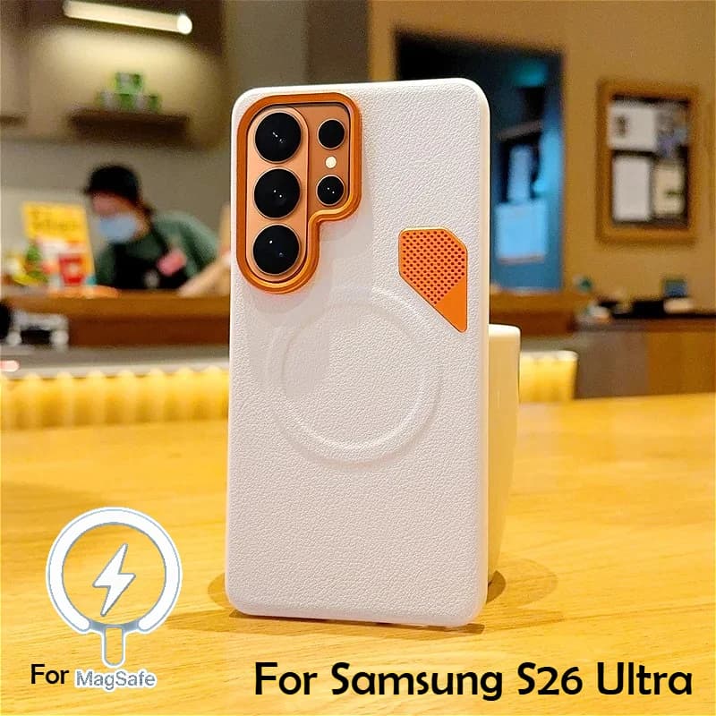 Custodia in pelle PU con dissipazione del calore in metallo per Samsung Galaxy S26 Ultra S25 Edge S24 Plus, compatibile con ricarica wireless magnetica MagSafe