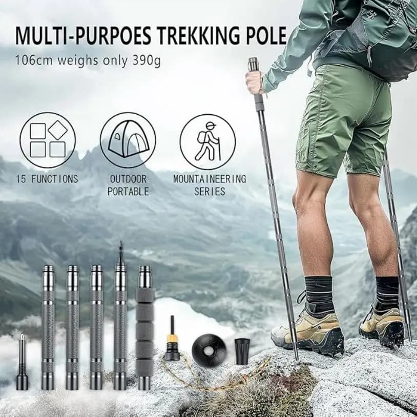 Bastone da Trekking Modulare Resistente, Bastoncino Multifunzione per Escursionismo con Bussola, Acciarino e Cacciavite, Leggero e Durevole per Campeggio