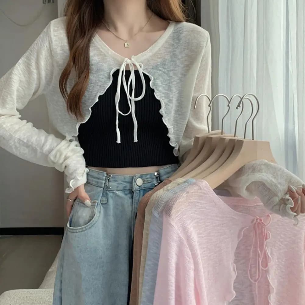 Women's Summer Cardigan with Slim Solar Protection Knitwear with Lace Top Women's Short Coat with Lantern Sleeves in Korean Style Casual Sun Protected