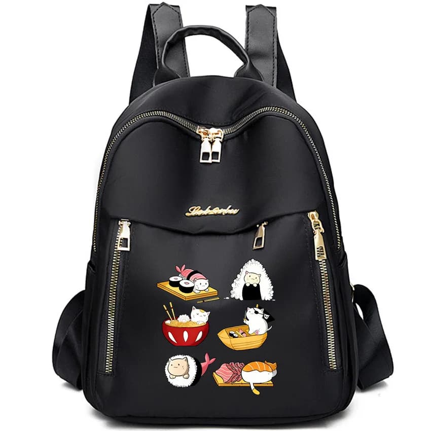 Zaino in nylon da donna con stampa divertente di gatto e sushi, borsa casual da viaggio per studentesse e ragazze, zaino scolastico alla moda.