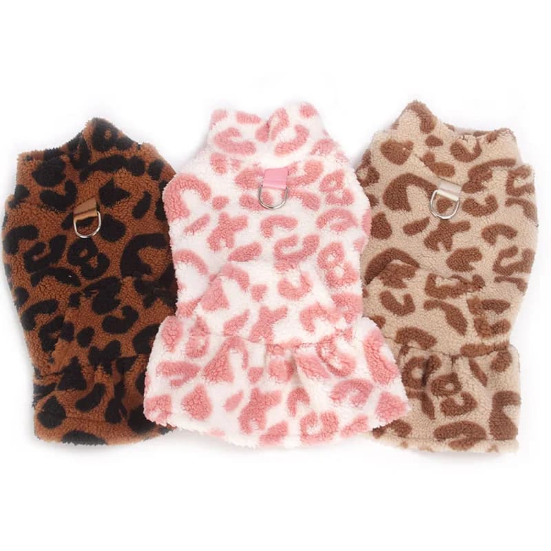 Cappotto per cani leopardato Cappotto invernale in pile Pullover Felpa Abbigliamento per animali Gilet senza maniche Felpe con cappuccio Gonna per cuccioli per cani di piccola taglia Chiwawa