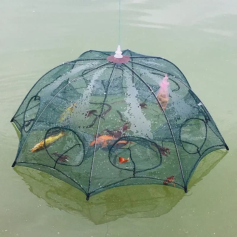 Gabbia per ombrelloni rinforzata per pesci e gamberetti a 6 fori, rete da pesca in nylon pieghevole, rete da pesca per aragoste e granchi all'aperto, attrezzatura da pesca