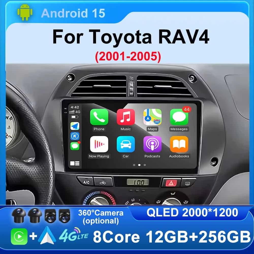 Android 15 for Toyota RAV4 2001 - 2005 Wireless CarPlay Video Audio Multimedia Auto BT WIFI 4G 2K QLED No 2 din