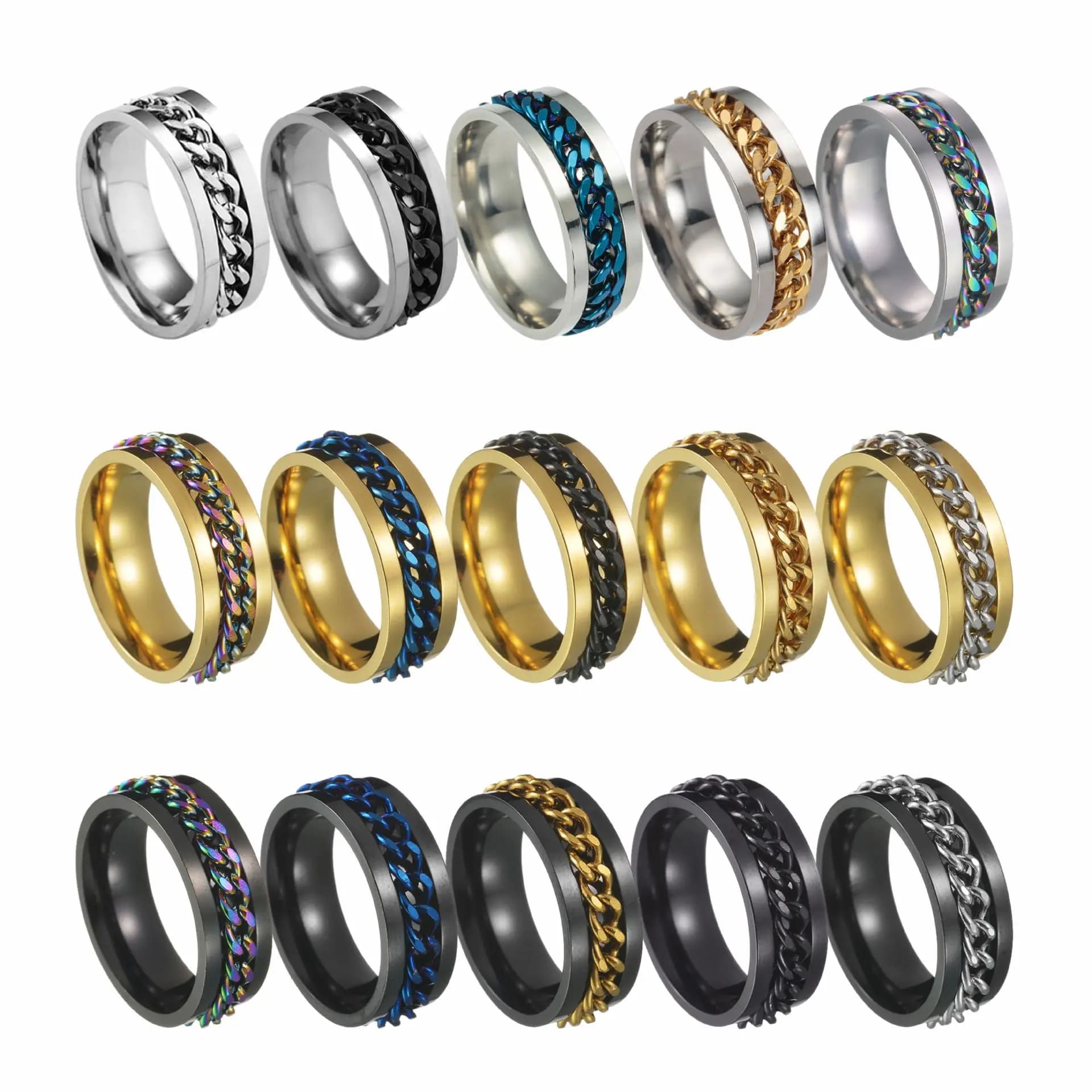 Anello da dito con ruotabile a catena in acciaio inossidabile per uomo Ruota anelli di agitazione per l'ansia rotante Colore oro blu Gioielli punk rock neri