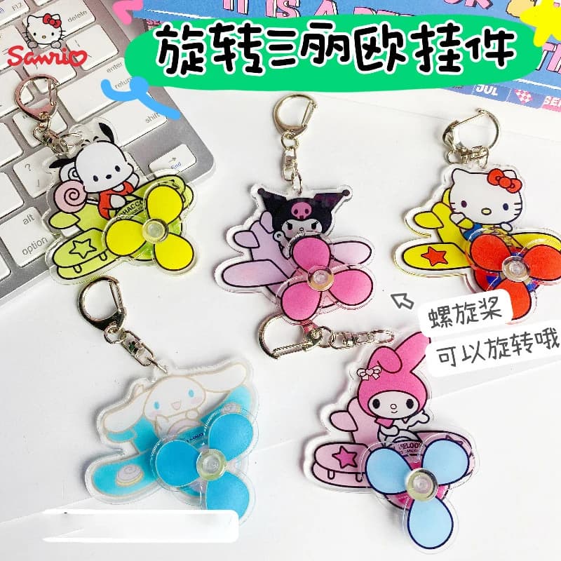 Anime Sanrioa Acrylic Keychain HelloKitty Kuromi Melody Cinnmoroll Student Backpack Rotating Aircraft Pendant Toys Keyring Gifts