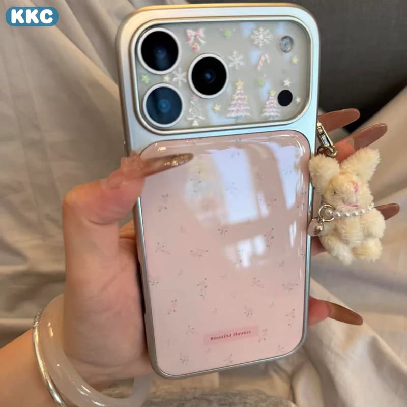 Custodia per iPhone XR/11/12/13/14/15/16/17 ProMax con Fiori Neri, Rosa, Tulipani e Bordo Argento INS Coreano in Resina Epossidica Anti-caduta