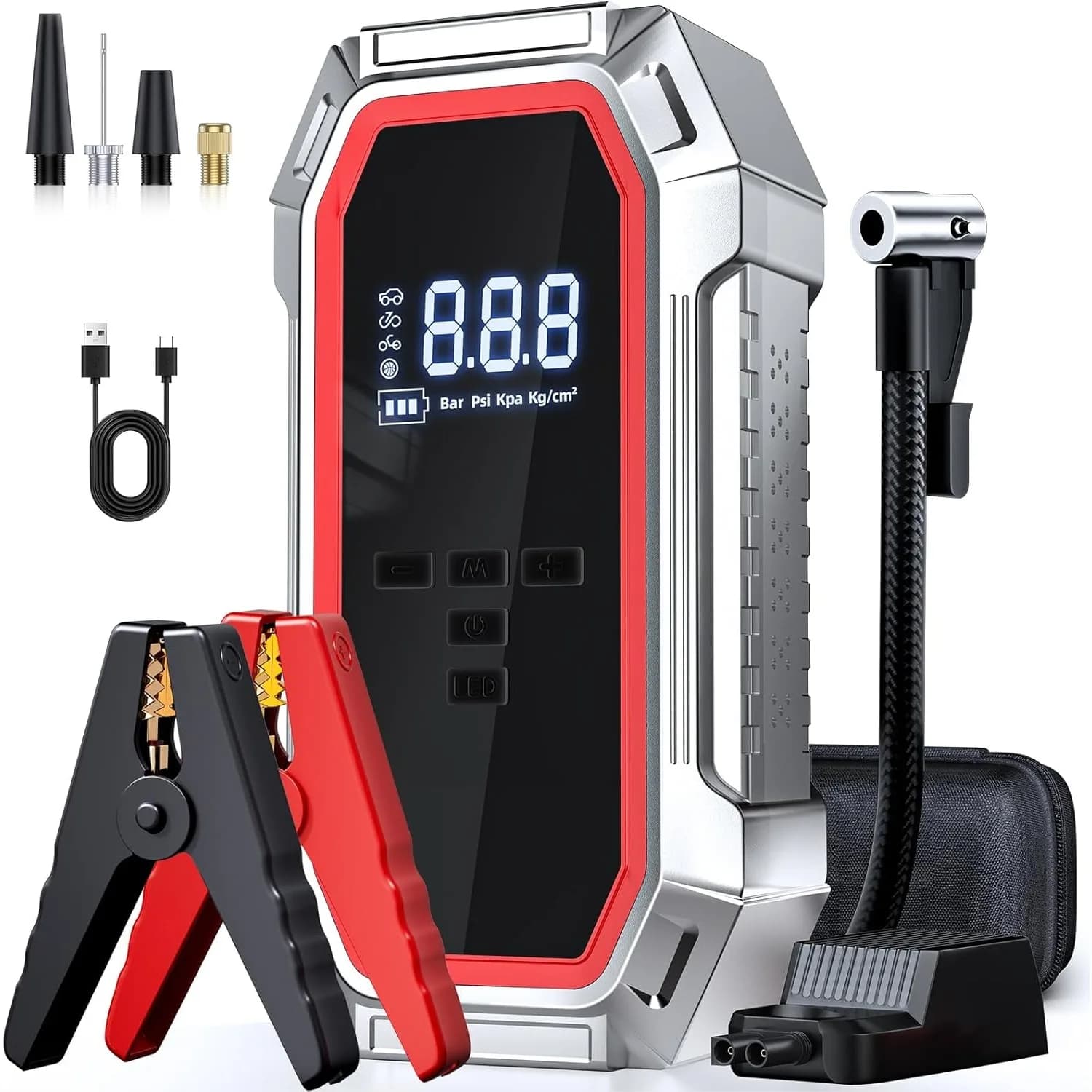 Avviatore di Emergenza con Compressore d'Aria, 5000A di Picco, 160PSI, Avviatore Portatile per Auto 12V, per Motori a Benzina 9.0L/Diesel 8.0L, con LED e LCD