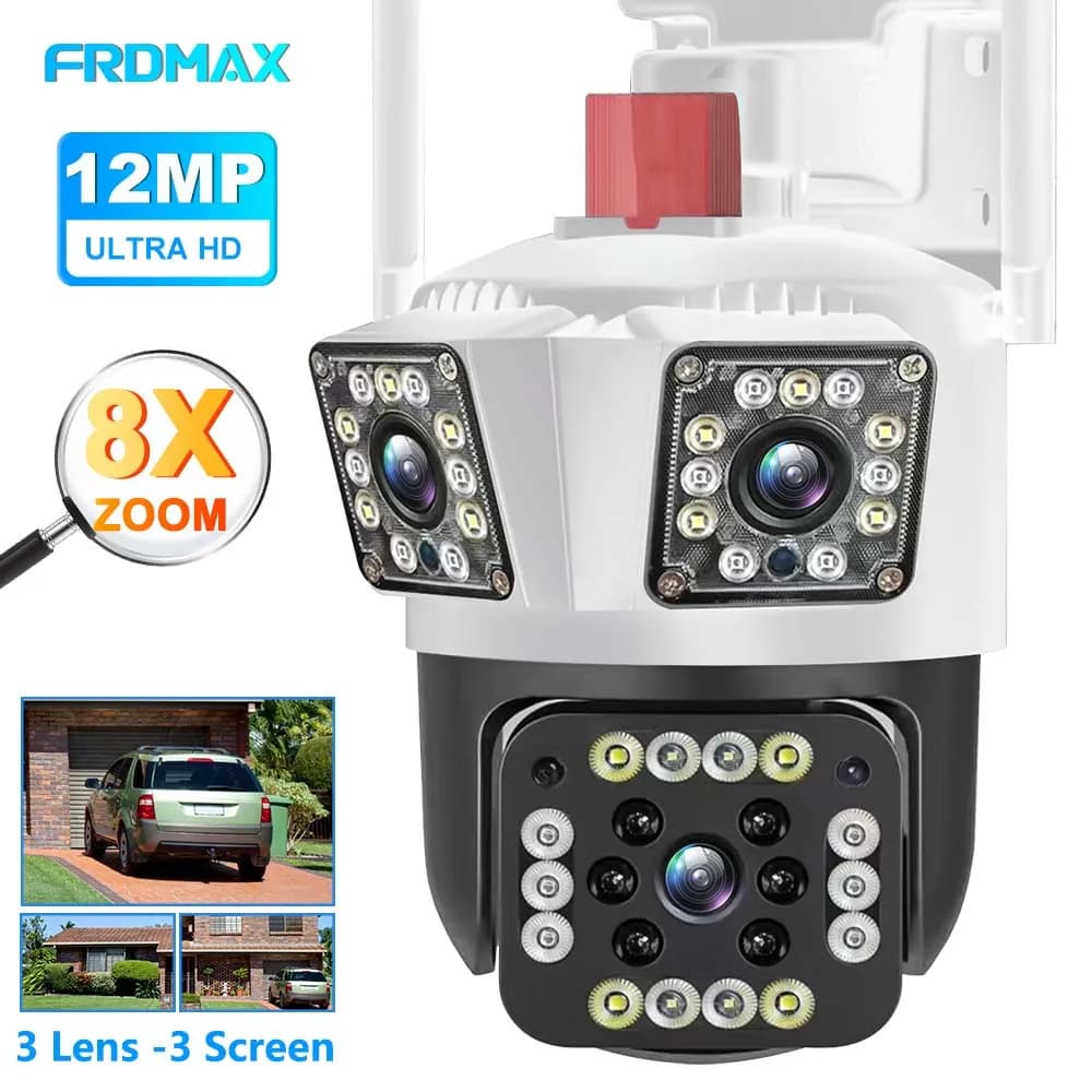 Telecamera IP WiFi, 12MP 6K, tre obiettivi tre schermi, zoom 8X, videocamera PTZ 4K, impermeabile, telecamera di sorveglianza, tracciamento AI, protezione di sicurezza, telecamera di sicurezza esterna, casa intelligent