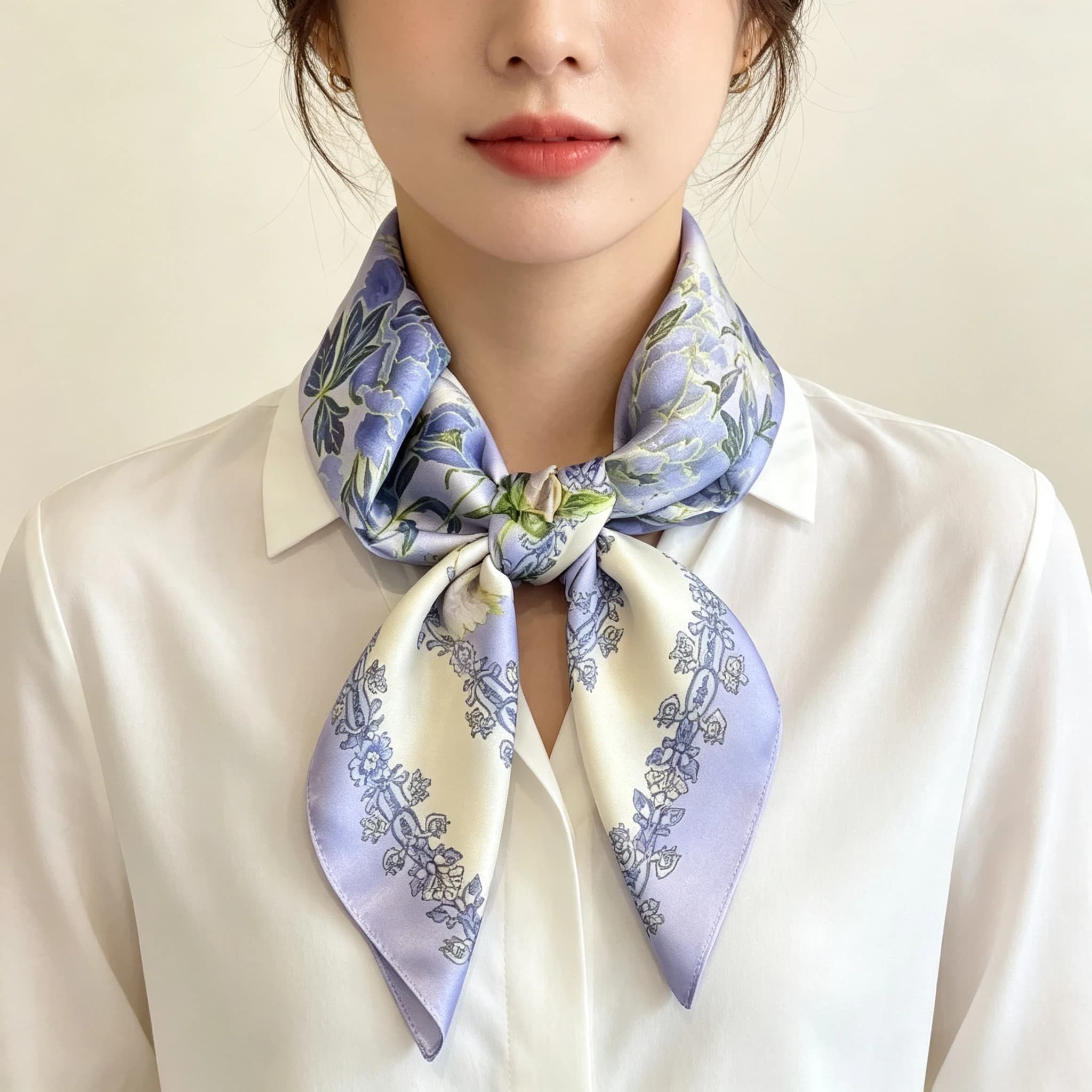 Light Purple White Gradient Flower Print Silky Scarf Elegant Office Commute Decorative Kerchief