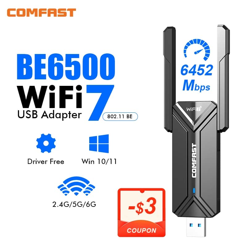 Adattatore USB Wi-Fi 7 Comfast BE6500 Tri-Band 6G/5G/2G USB 3.0 con Antenna per PC, Scheda di Rete, Ricevitore Dongle per Windows 10/11