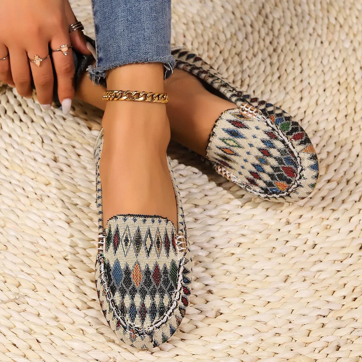 Trendy Boho Flat Loafers Women Geometric Print Slip-On Shoes ,Soft Insole, Perfect for Daily Wear & Travel Plus Size Shoes Women