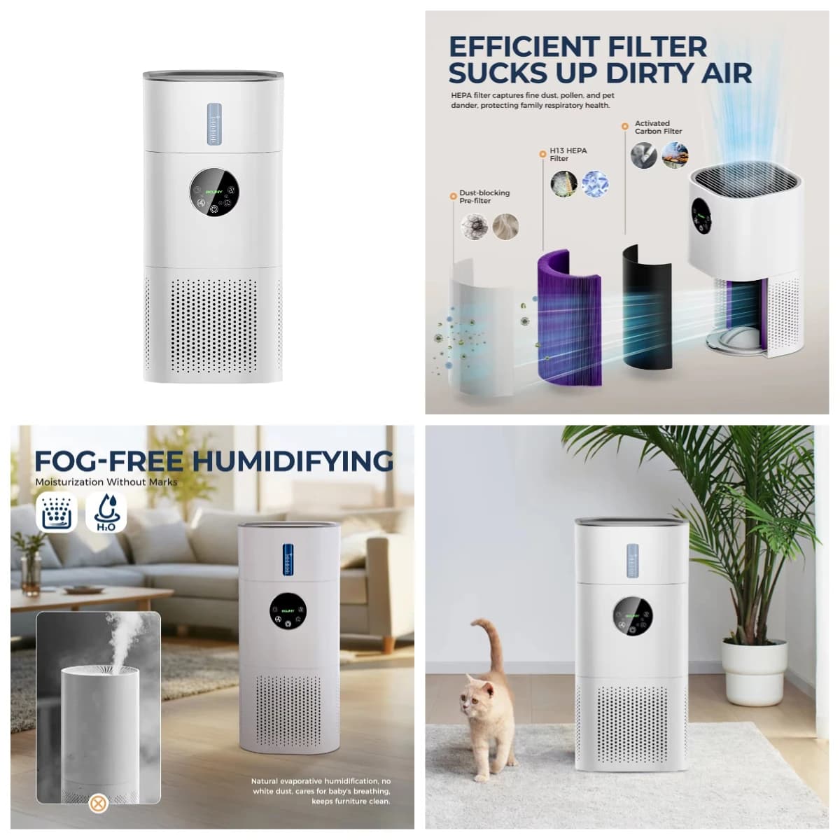 Purificatore d'Aria e Umidificatore 2 in 1 con Filtro HEPA H13, Depuratore d'Aria Digitale per Casa e Camera da Letto, Anti-Allergie