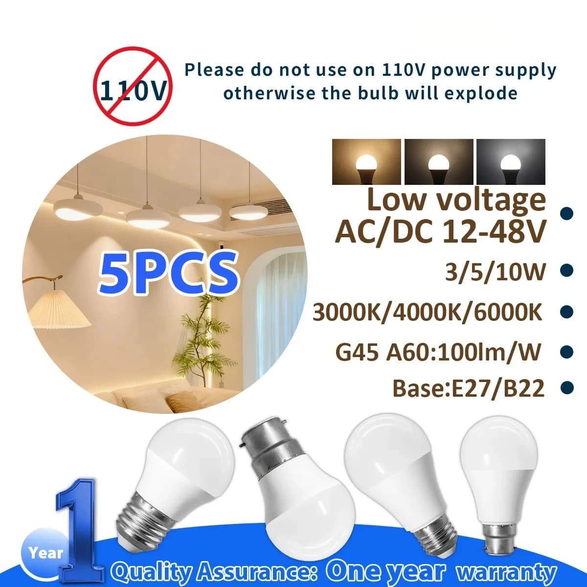5 Pezzi Lampadine LED G45 A60 DC AC 12V-48V E27 B22 3W 5W 10W Luce Diurna per Illuminazione Esterna