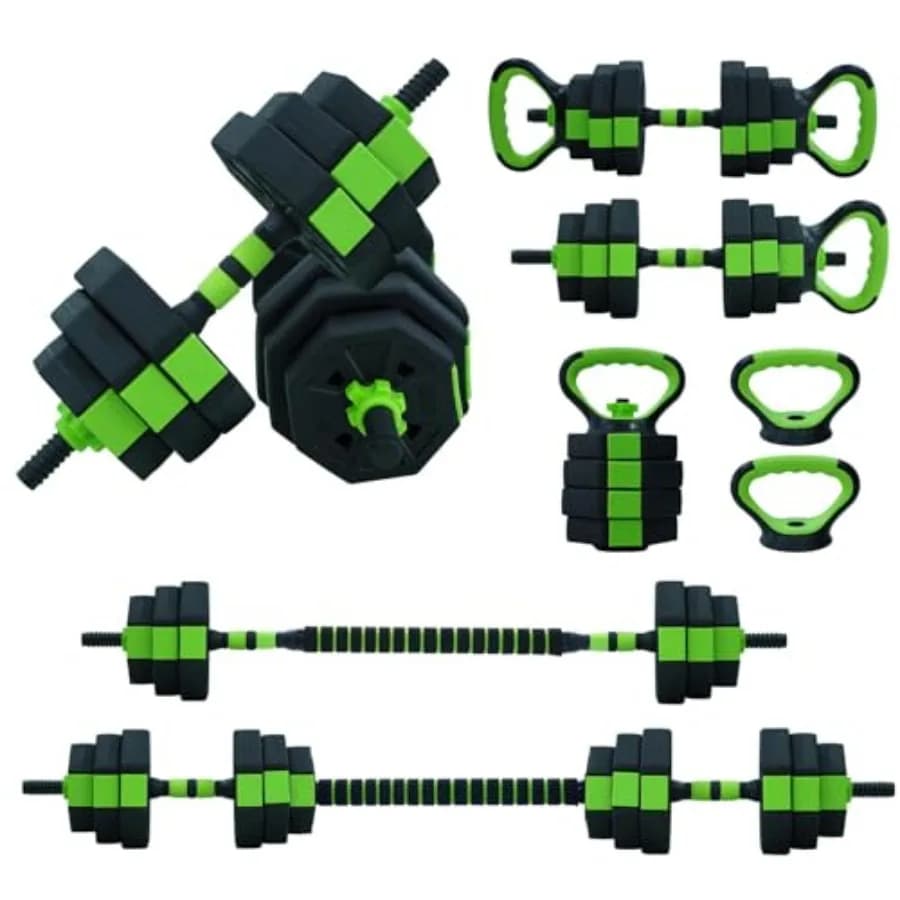 Set di manubri regolabili 4-in-1 per Home Gym: Testa ottagonale verde e nera utilizzabile come Kettlebell, Bilanciere, Supporto per flessioni 44/66/88 libbre in acciaio
