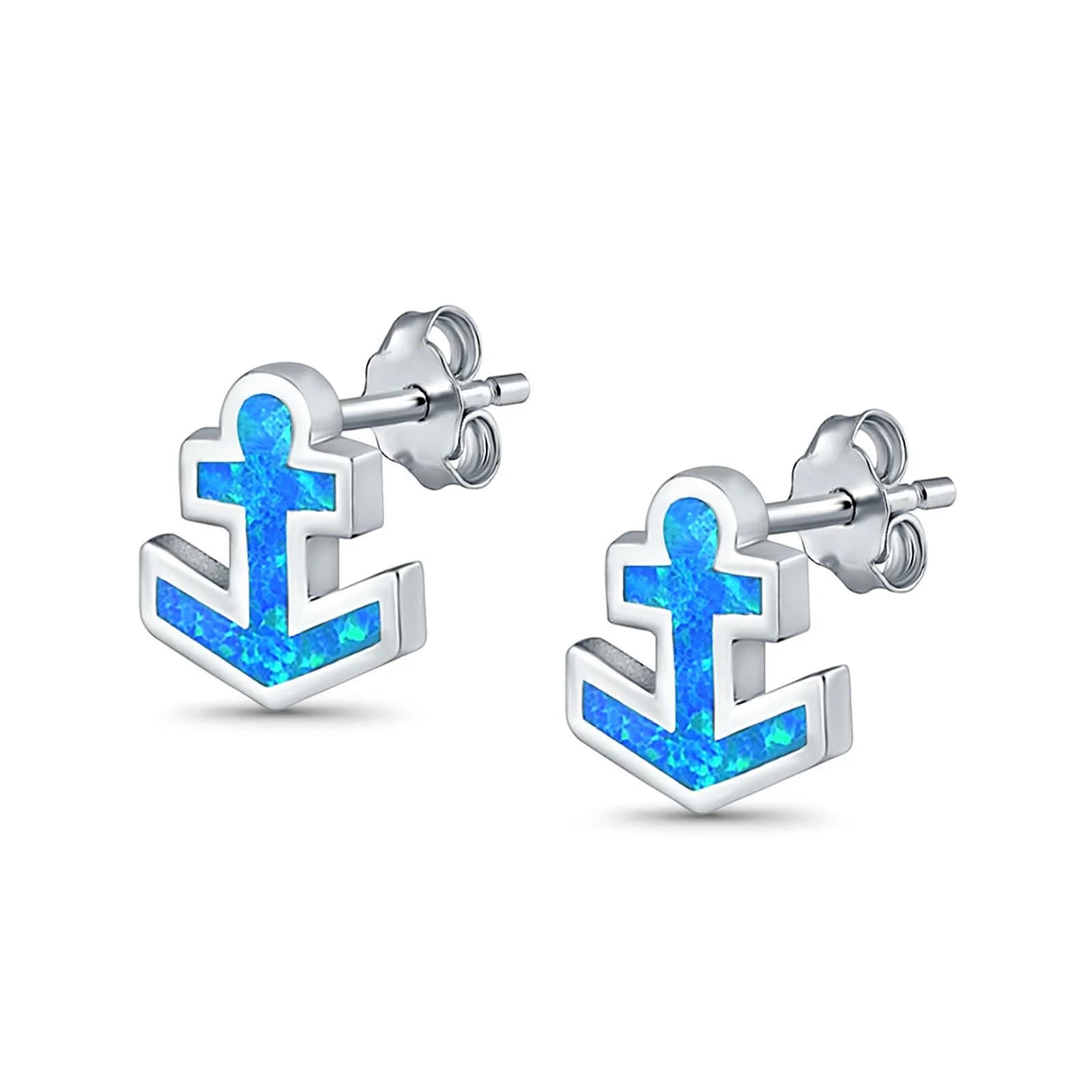 Orecchini di ancoraggio con opale blu, orecchini pendenti di ispirazione marina, gioielli nautici minimalisti per orecchie sensibili, regalo a tema barca mare
