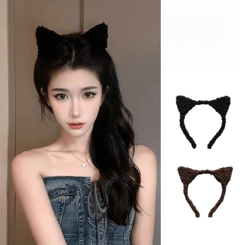 Fascia per capelli in peluche con orecchie da gatto, accessorio per capelli, fascia per lavare il viso, fermaglio per trucco, copricapo