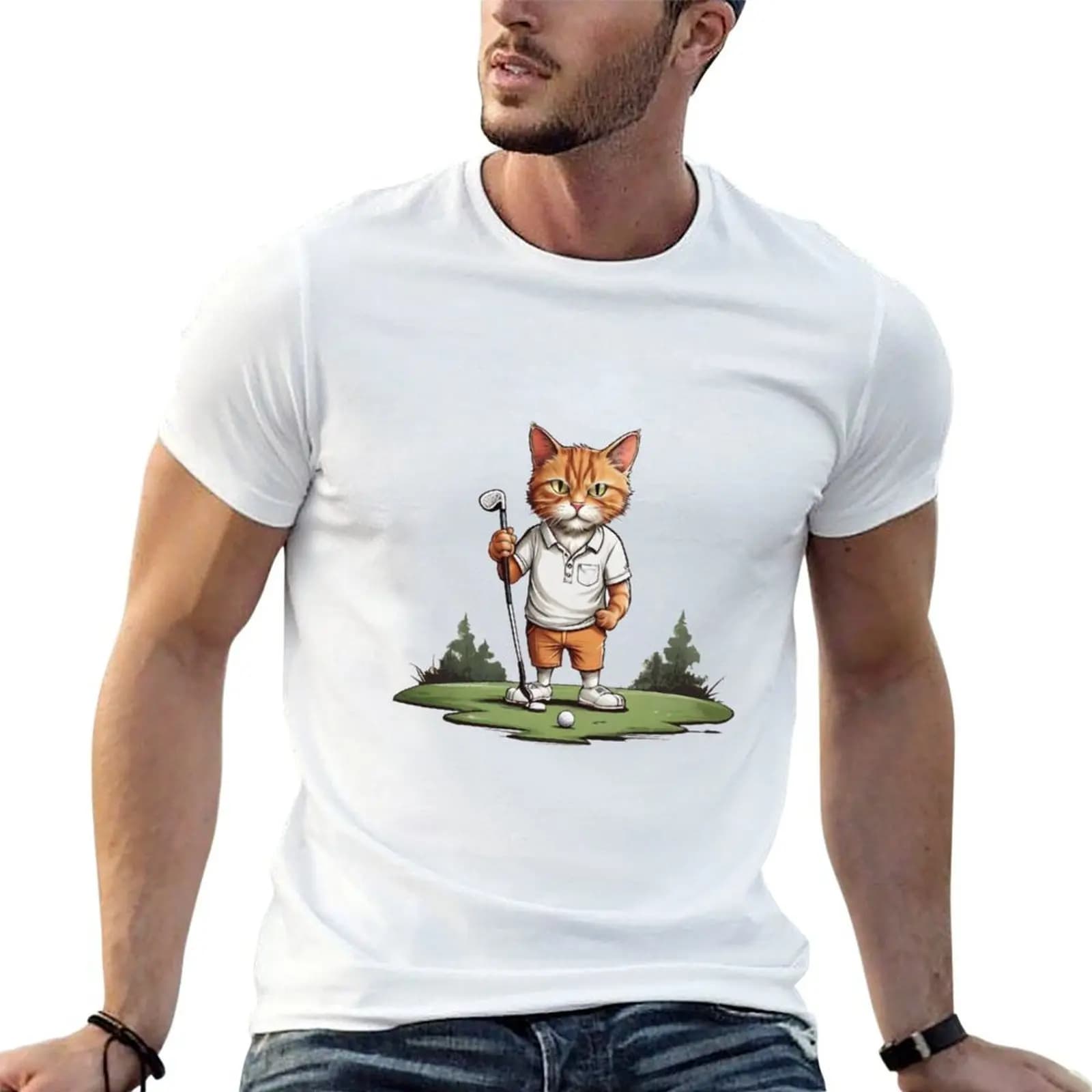 T-shirt con gatto felice che gioca a golf, magliette da uomo, magliette casual da uomo, T-shirt da uomo