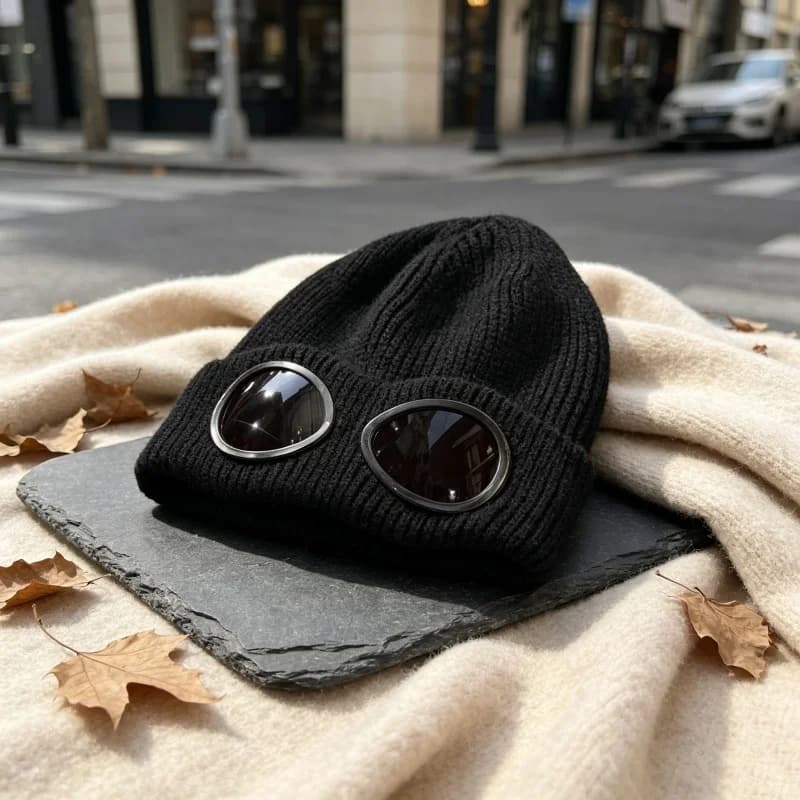 1pc Unisex Knitted Beanie with Goggles Windproof Winter Warm Ski Hat Soft Anti-slip Ear Outdoor Cycling Cap for Men Women