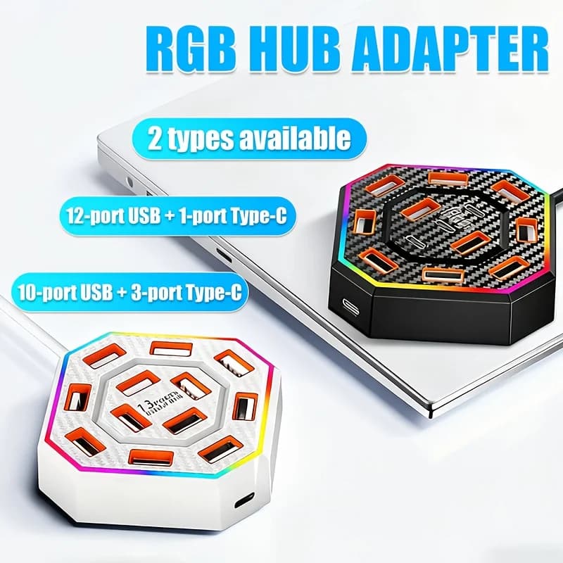 RGB 13 Port USB Hub 2.0 Splitter Multi USB Type C Docking Station Laptop Desktop Extender Adapter With Color Light