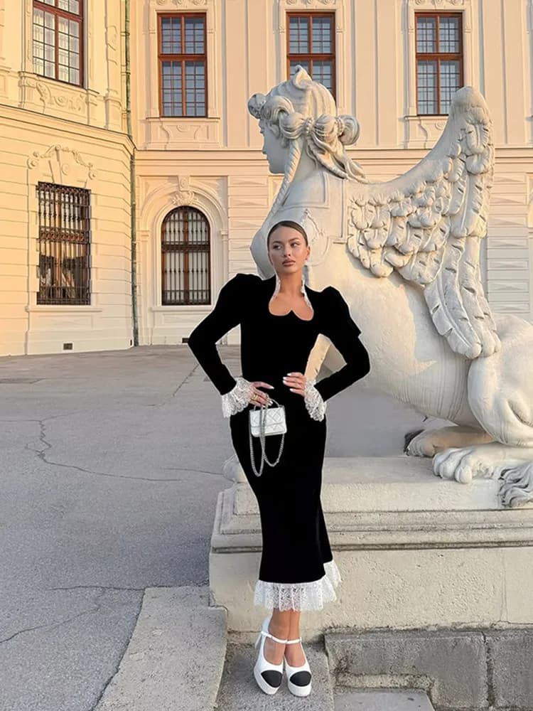 Abito lungo sexy in velluto patchwork di pizzo da donna elegante colletto alla coreana con maniche lunghe a sbuffo abiti lunghi slim abiti da sera da donna