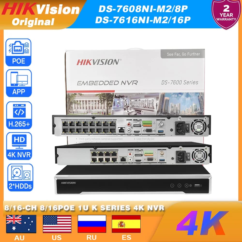 Hikvision 8K 8CH 8POE DS-7608NI-M2/8P&DS-7616NI-M2/16P 16CH 16POE Videoregistratore di rete 32MP 2SATA H.265 Sorveglianza di sicurezza