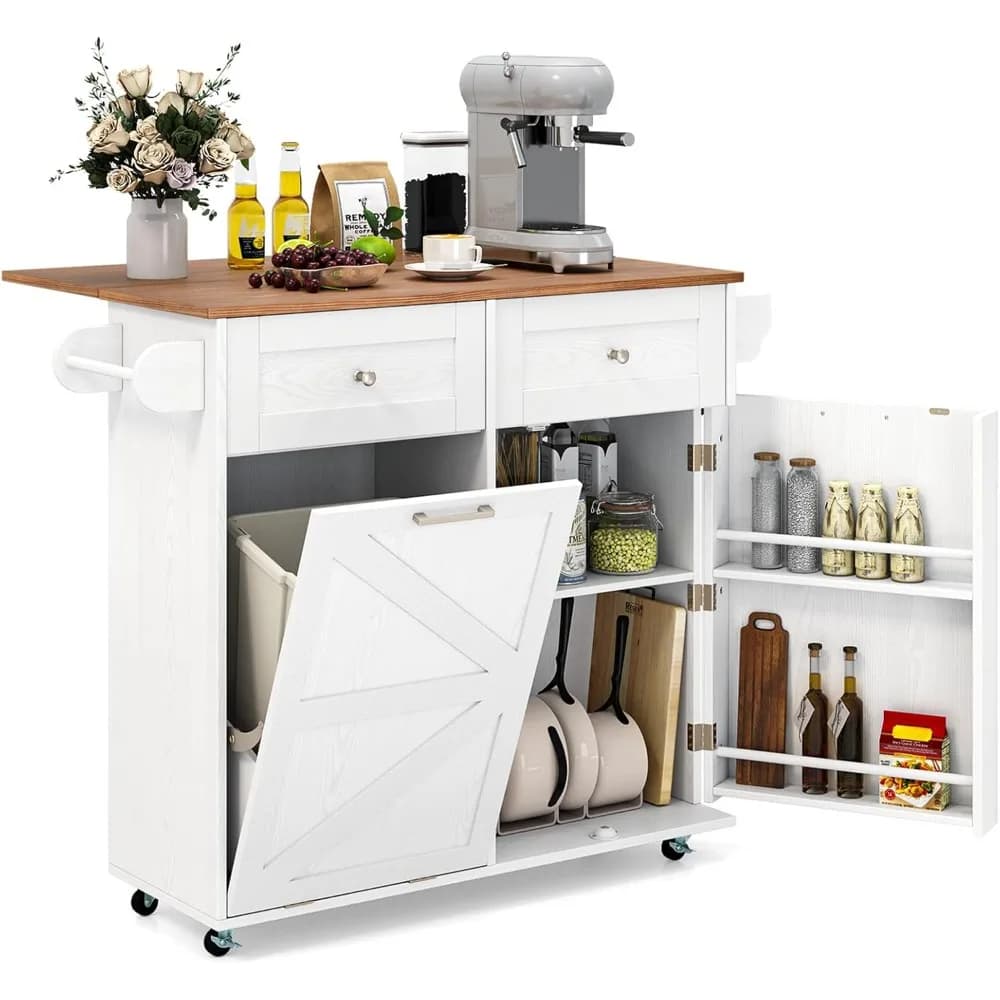Carrello con isola da cucina con cestino estraibile, ribaltamento, cassetti portaoggetti e portasciugamani