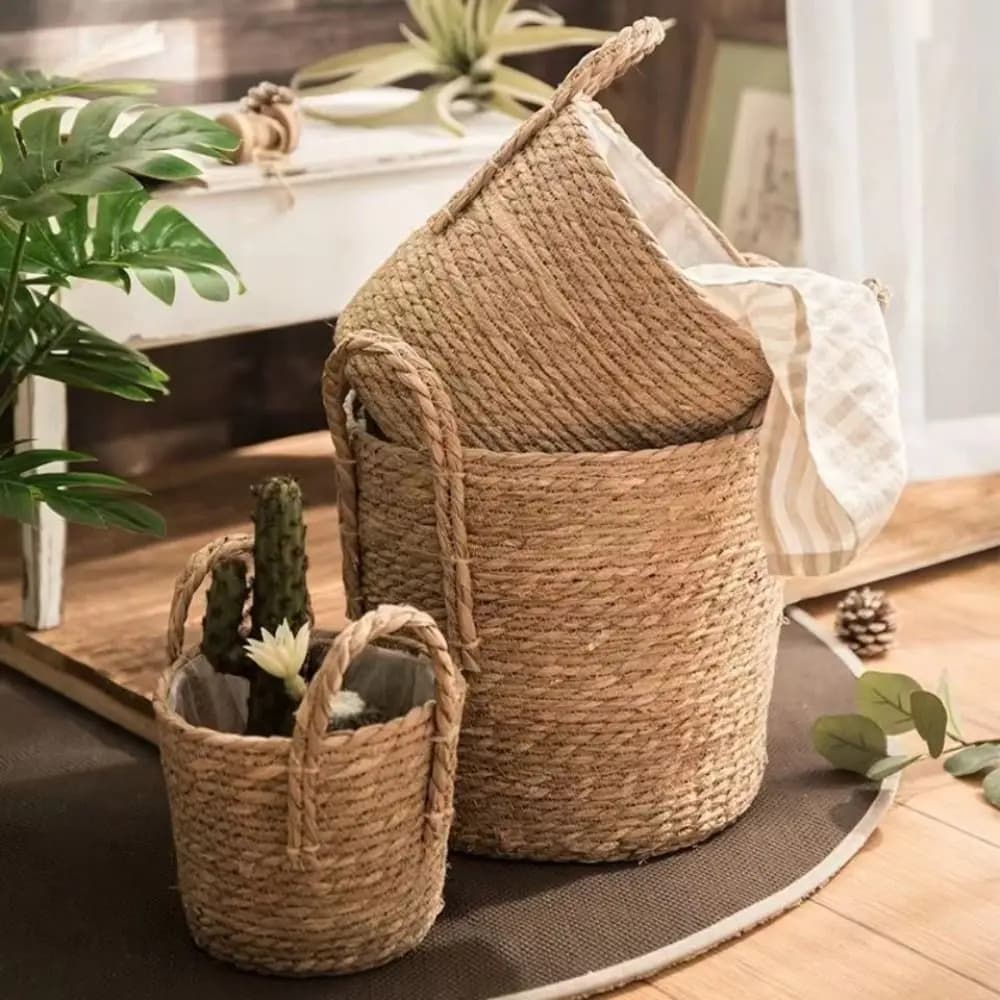Straw Wicker Woven Planter Basket Handmade Yellow Laundry Storage Basket Flower Pot Rattan Seagrass Storage Basket Home Decor