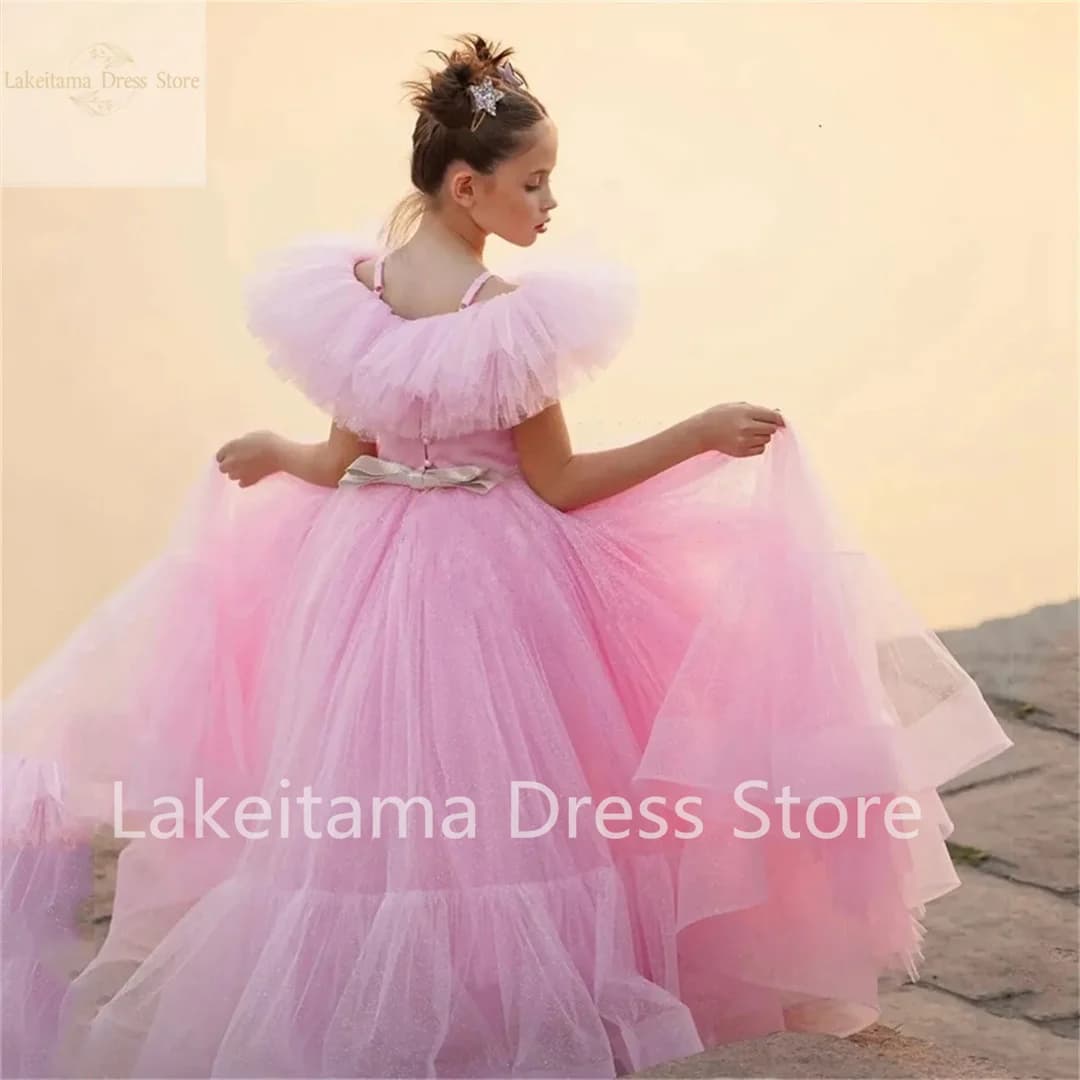 Abiti da ragazza di fiore in tulle da sposa personalizzati Rosa gonfio per abiti da prima comunione con scollo rotondo a strati con fiocco
