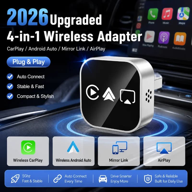 4 in 1 Wireless CarPlay Adapter Support Android Auto AirPlay Mirror Link WiFi Bluetooth Mini USB Plug and Play Car Dongle