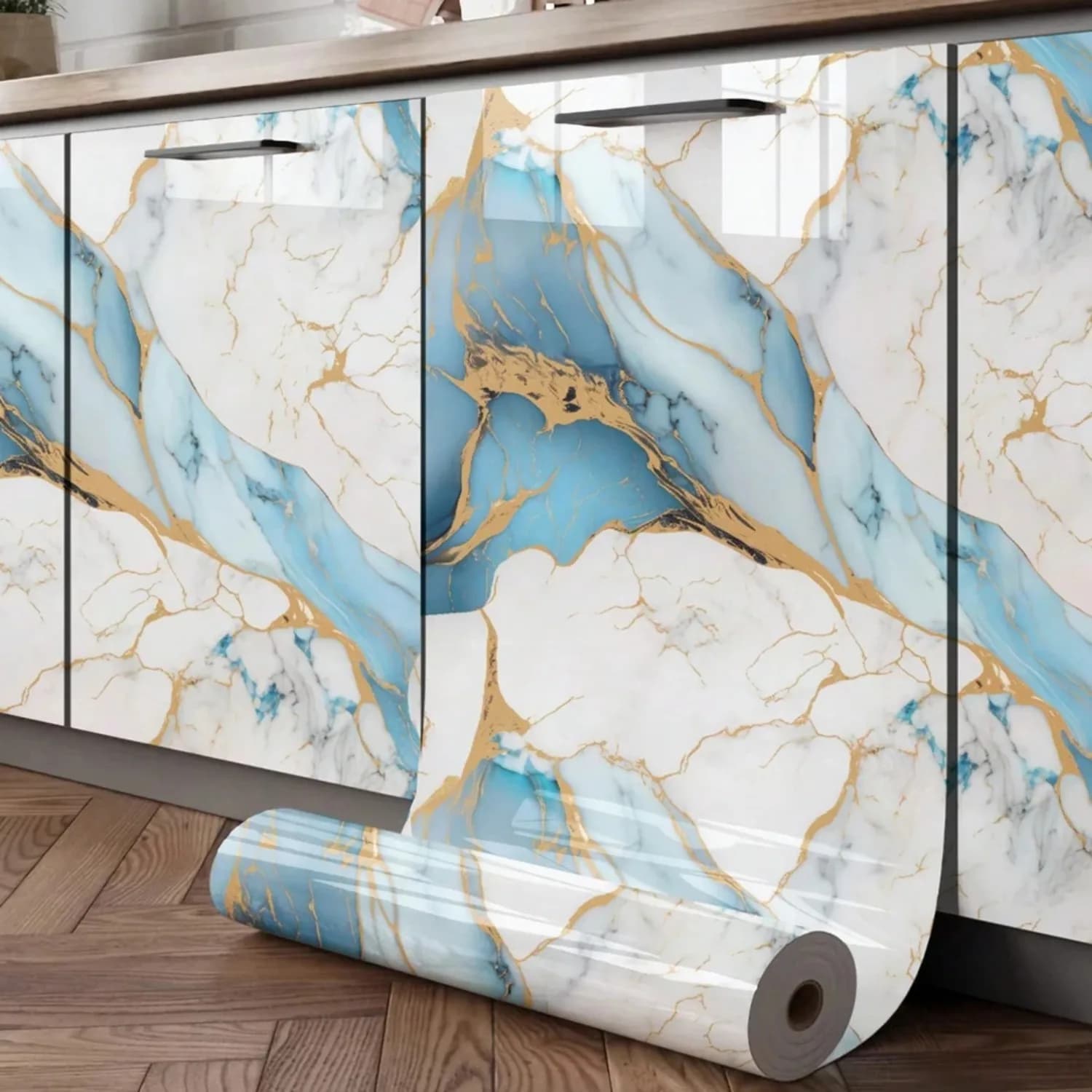 Carta da parati impermeabile in marmo blu staccabile e incollabile Carta da contatto in vinile per controsoffitti della cucina, pareti del bagno e arredamento del soggiorno