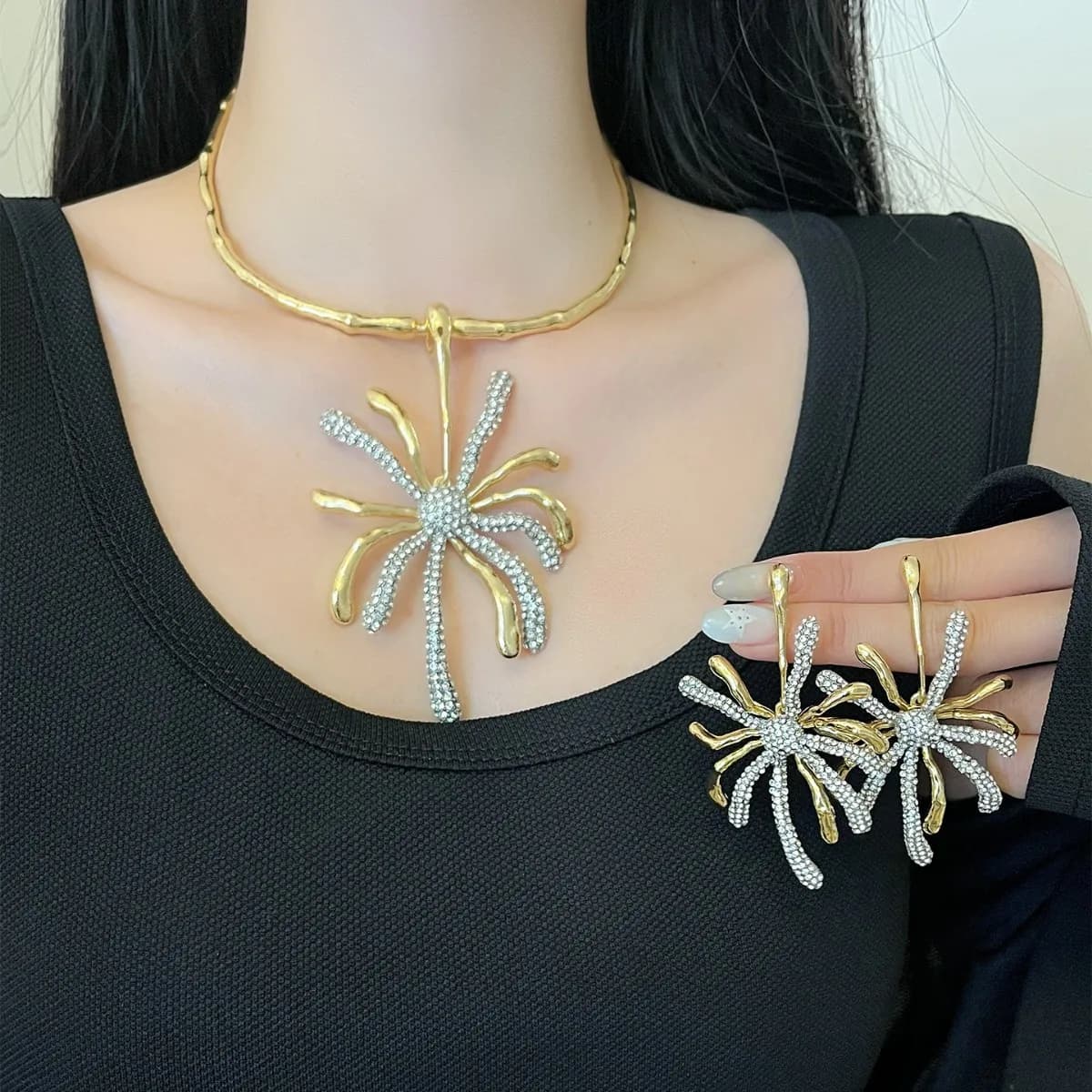 Set di collana e orecchini Niche, gioielli scintillanti e di tendenza per donna, accessorio per cocktail party e discoteca