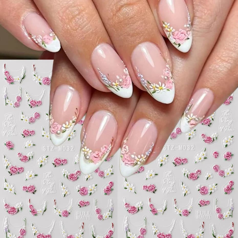 3D White Lace And Pink Rose Floral Nail Art Sticker, French Design Pink Flower Blooming Peony Nail Decals for Nail Decoration