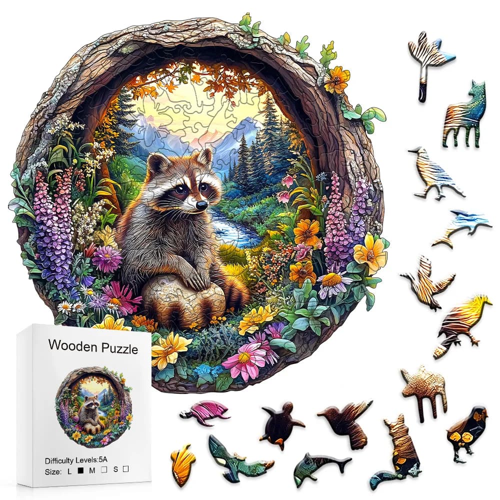 Puzzle in Legno per Adulti - Puzzle con Procione e Animali della Foresta, Forme Irregolari Uniche, Tempo di Montaggio 4-6 Ore, Ecologico