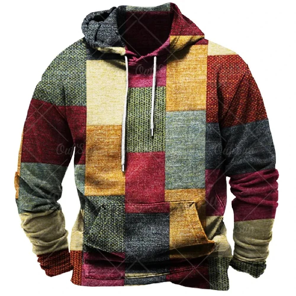 Felpa con cappuccio da uomo vintage per felpa Stampa scozzese 3d Pullover a maniche lunghe Street Abbigliamento uomo oversize Top Harajuku con cappuccio