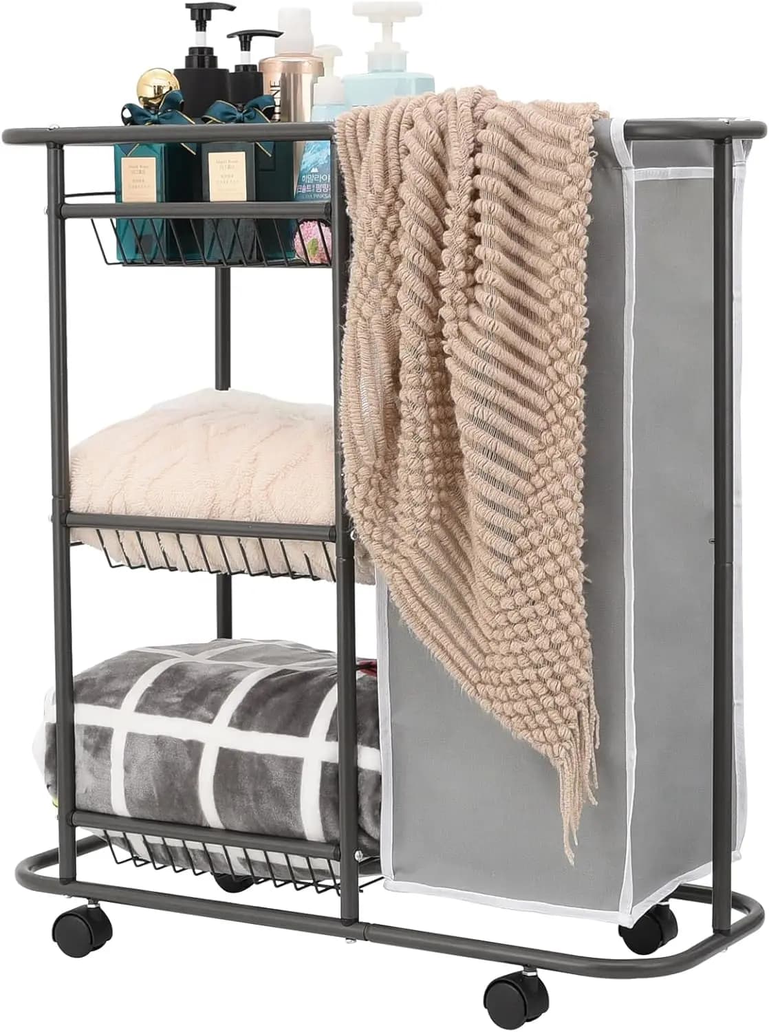 Organizzatore per Bucato a 3 Livelli con Ruote, Maniglia e Sacco da 45L per Spazi Stretti in Bagno, Appartamento, Dormitorio