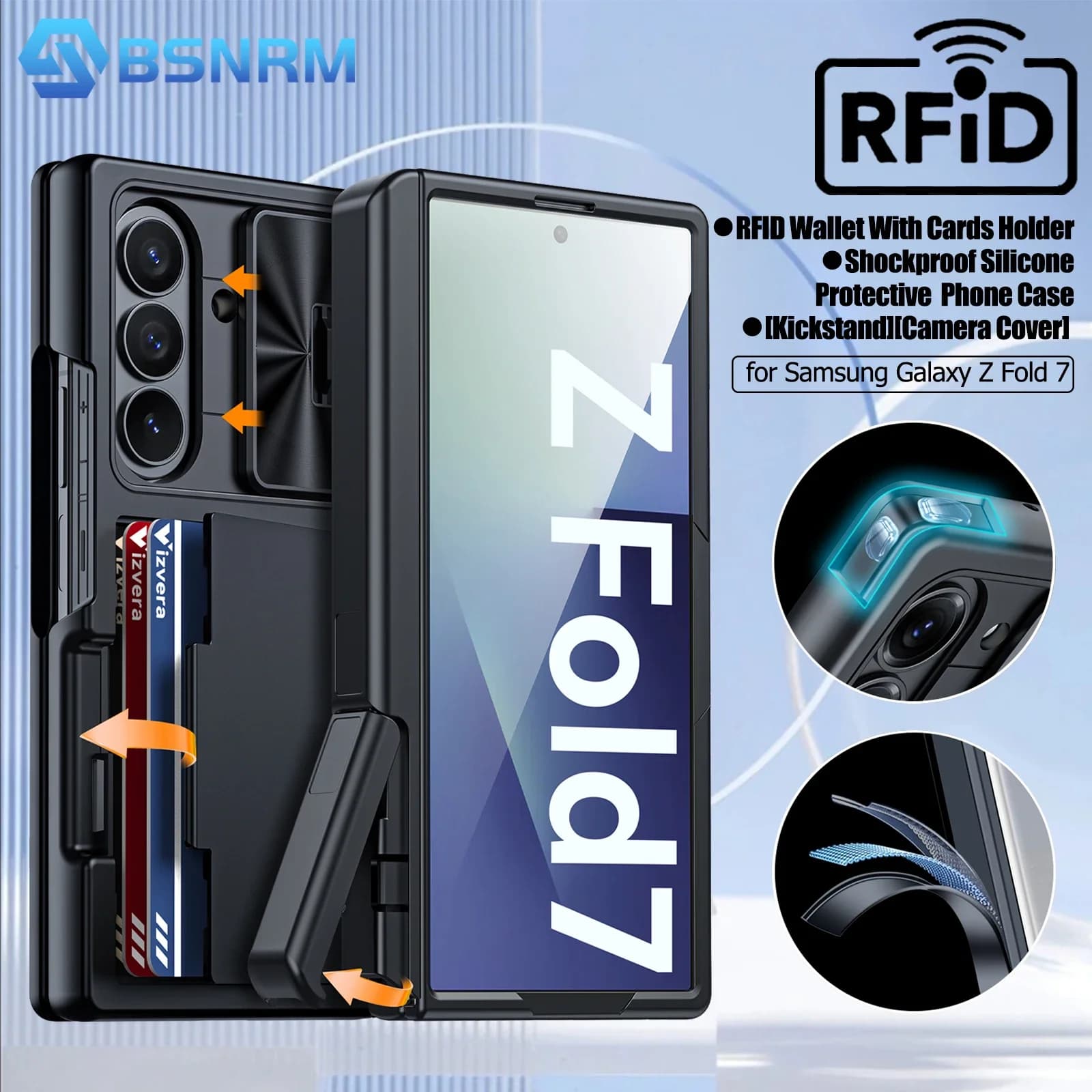 for Samsung Galaxy Z Fold 7 Wallet Case, RFID Card Holder, Hidden Bracket, Camera Cover, Shock Silicone Phone Case Black