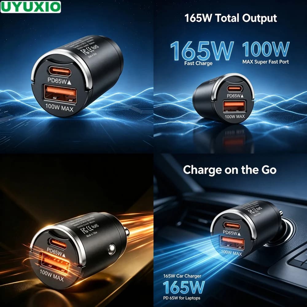 165W Flush Fit Car Charger Dual Output 65W USB C 100W USB A Charging for Cars Trucks SUVs and Travel Zinc Alloy Flush Fit Design