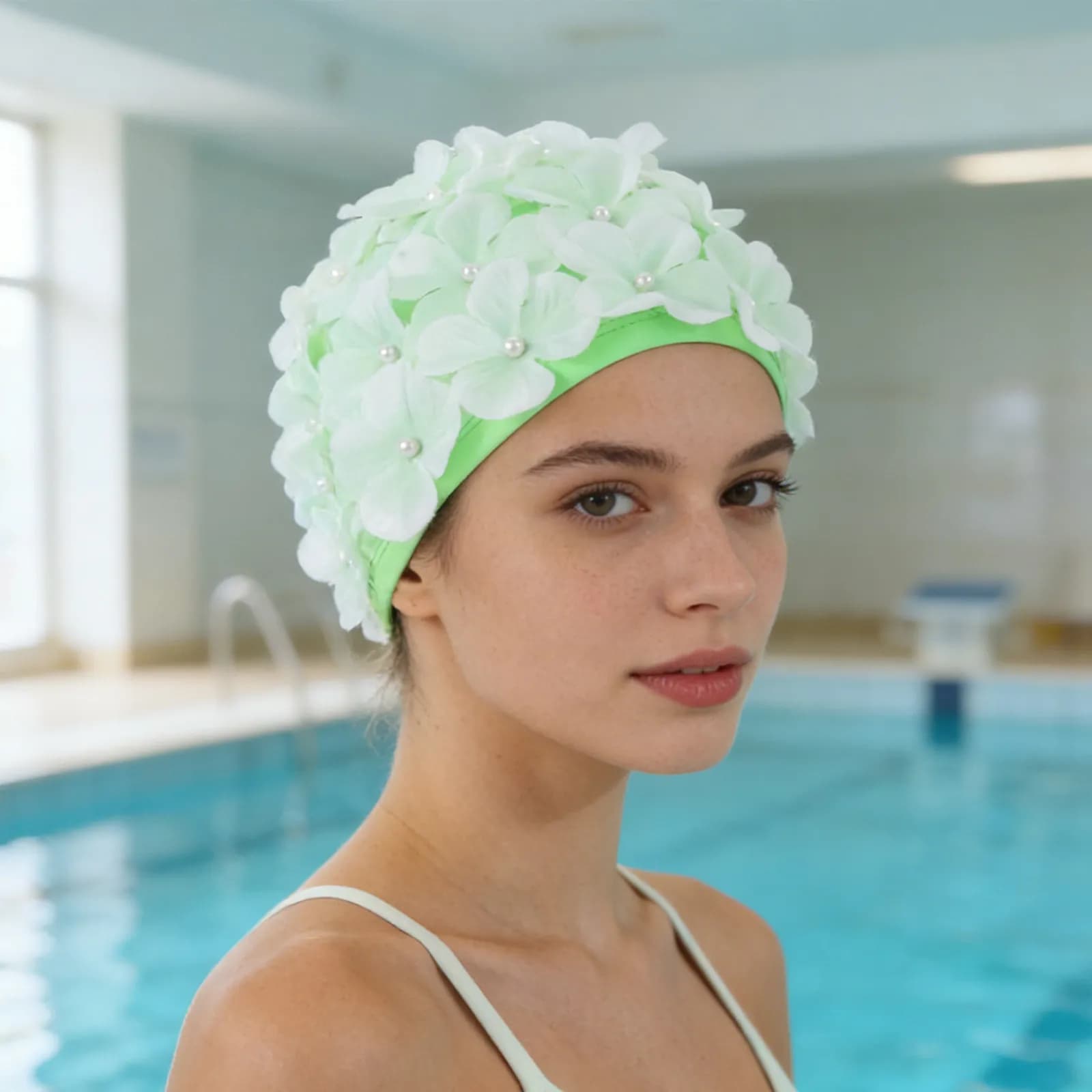 2 Pezzi Cuffia da Nuoto Floreale 3D in Nylon Morbido, Protezione Aderente per Allenamento, Spiaggia, Piscina, Donna Adulta