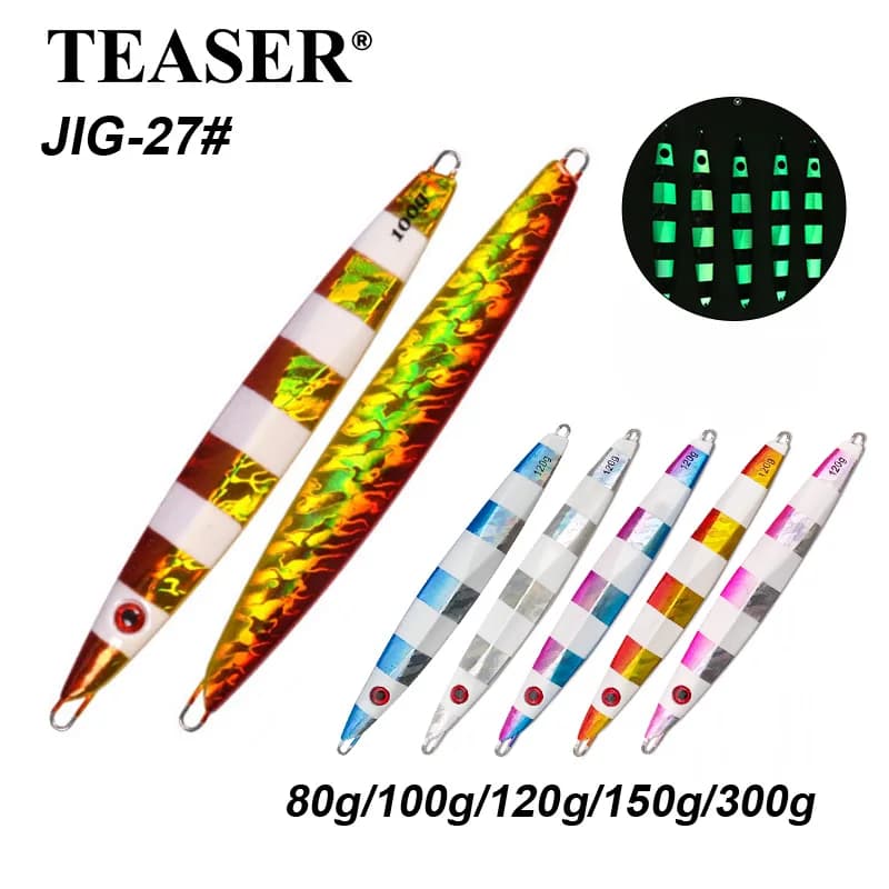 Esca da Pesca in Mare TEASER J27 80G-300G - Esca Luminosa in Lamiera di Ferro - Esca in Piombo a Rapido Affondamento per Pesca in Barca