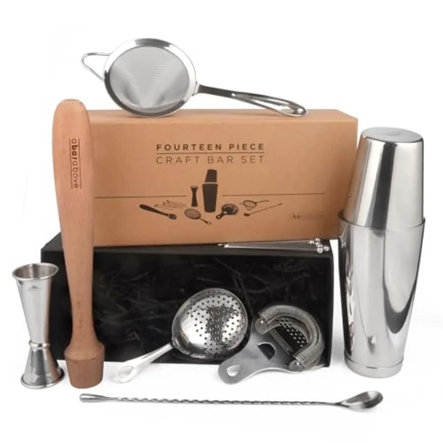 Set da Barman Professionale Premium in Acciaio Inossidabile da 14 Pezzi per Bar Domestici e Mixologi, Include Shaker per Cocktail